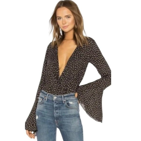 Free People Tops - Free People Makin Waves Black Polka Dot Wrap Bell Sleeve Bodysuit